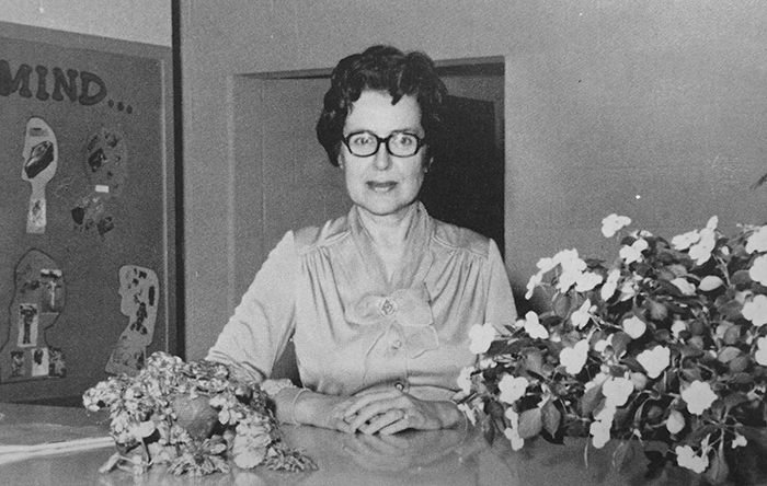 Black and white photograph of Kings Glen Elementary School's first principal, Mary Musick, circa 1978