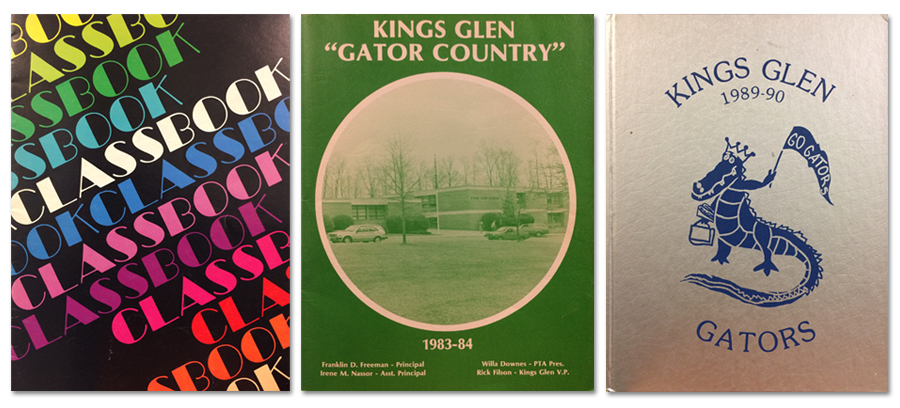 Kings Glen yearbook covers from 1978, 1984, and 1990. All are very different in style. 1978 is black with alternating colored text that says classbook. 1984 is a green cover with a black and white photograph of the school and the heading Gator Country. 1990 is a silver cover with a blue cartoon alligator holding up a Go Gators pennant.