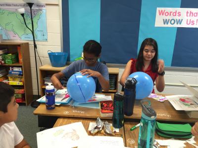students with balloon globes