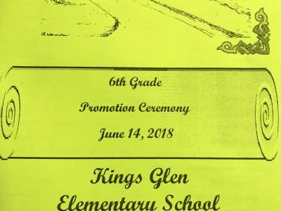 photo of paper program that states 6th grade promotion kings glen elementary school springfield virginia Mr Elson principal and Dr Ritter assistant principal